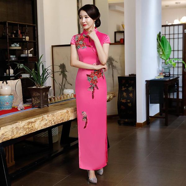 

spring summer large size lady satin qipao dresses side split wedding party guest skirt embroidery flowers chinese dress ethnic clothing, Red
