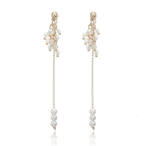 

studs earrings korean simple handmade girl's temperament long glass pearl crystal show face thin tassel, Golden;silver