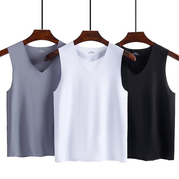 

men' tank fashion lce silk vest solid color seamless sleeveless wide shoulder undershirt breathable elastic sports plus size 5xl, White;black