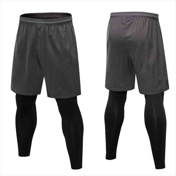 

fake 2pcs compression sport sweatpants women pants leggings elastic training tights running jogging fitness shorts pocket, Black