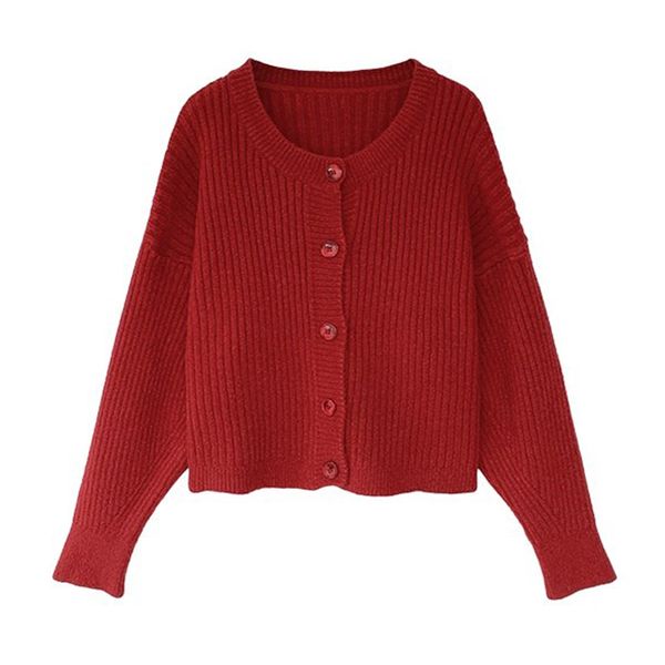 

women sweater knitted crew neck o cardigan button beige red pink purple autumn solid puff sleeve m0248 210514, White