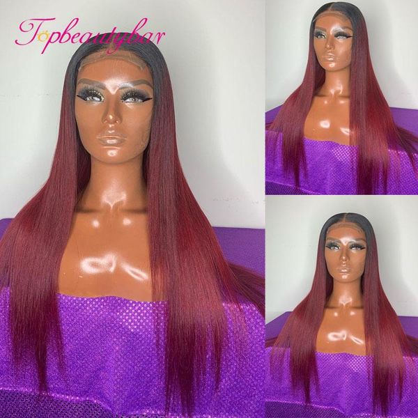 

lace wigs ombre red straight human hair brazilian 13x4 front remy for women, Black;brown