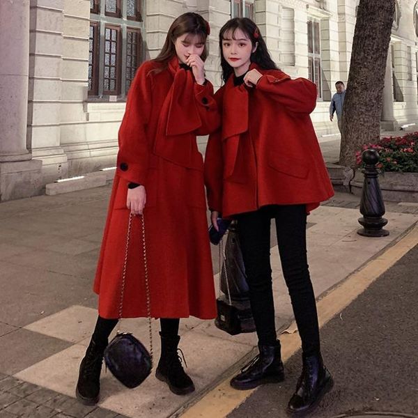 

year's red tweed coat women's winter korean boudoir dress loose temperament scarf collar long sleeve woolen jackets, Black;brown