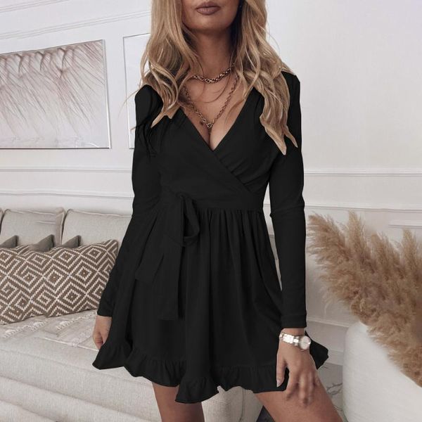 

casual dresses deep v neck long sleeve mini dress women 2021 autumn white black ruffles ladies for woman robe femme, Black;gray