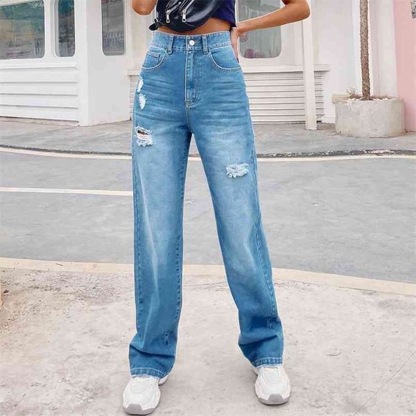 

fashion casual loose high waist jeans for women mopping hole denim trousers woman blue pants full length baggy jeans 210508