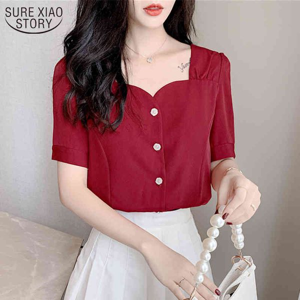 Vinho Vermelho Vermelho Cardigan Cardigan All-Match Top Feminino Square Collar Camisas Mulheres Verão Manga Curta Chiffon Blusa 10052 210508