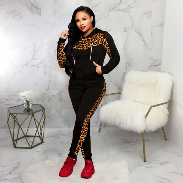 

fall 2021 women's leopard pattern patchwork hooded sports two piece sweater, White