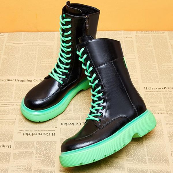 

boots 2021 mid calf women autumn winter fashion lace-up zipper botas mujer sports platform heel green ladies shoes, Black