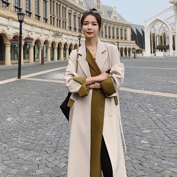 

women's trench coats korean autumn fashion suit collar contrast long color jacket for women splice loose stylish casual trench coat 1yk, Tan;black