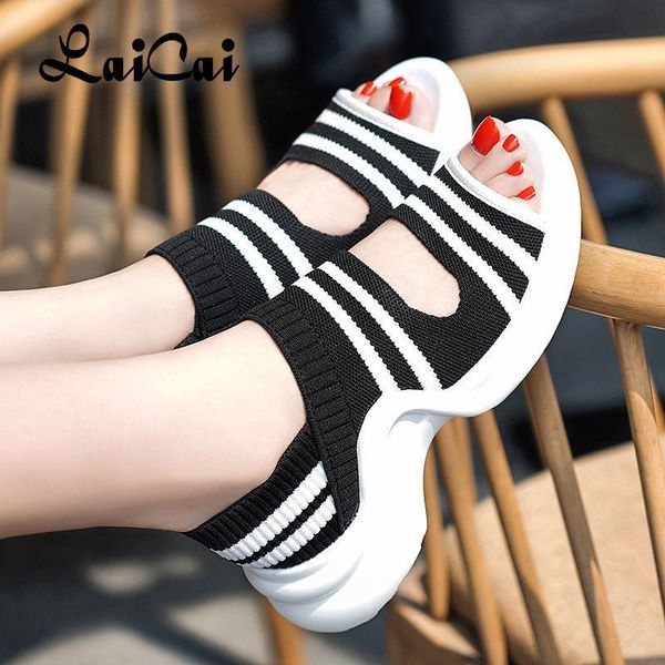 

sandals sports female summer platform flat high elastic lightweight harajuku style thick bottom flying woven women's shoes, Black