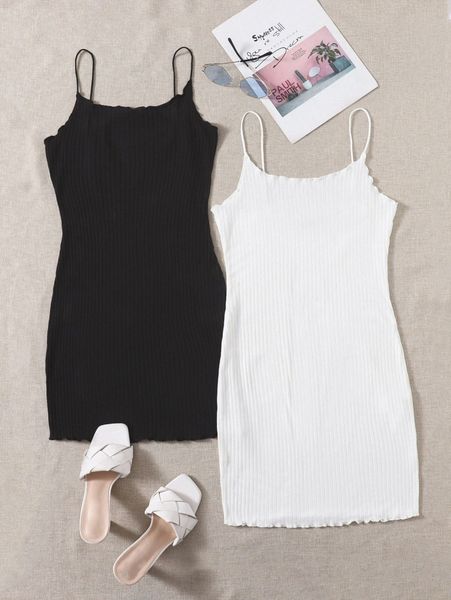 

2 pack lettuce trim rib-knit slip dress e01i#, Black;gray
