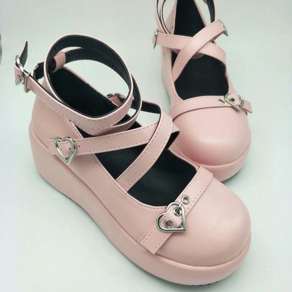 

dress shoes rimocy gothic double buckle high heels pumps women pink sweet wedges platform lolita woman cross strap gladiator 43, Black
