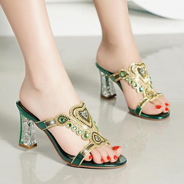 

slippers 2021 est africa high heels slipper shoes italian desgin rhinestone summer woman 6color factory wholesale price 5554, Black