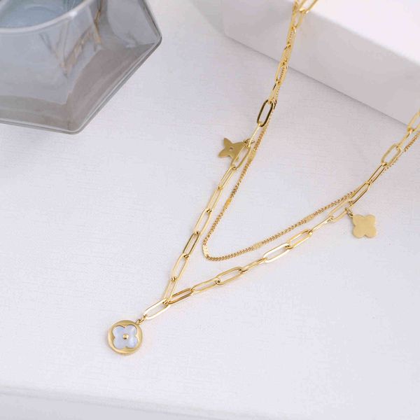

design jewelry decorated titanium steel white fritillaria old flower diamond flower double layer necklace simple clavicle chain 18k gold, Silver