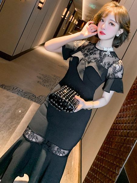 

casual dresses lace mesh stitching lotus fishtail dress women's summer, Black;gray