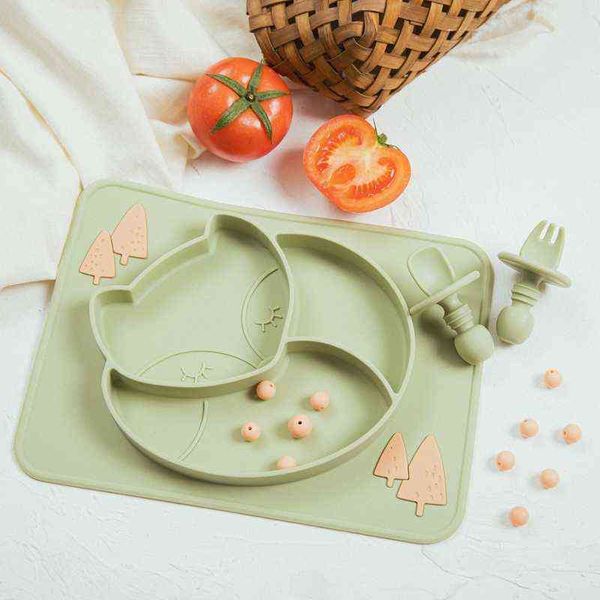 1 Set Piatto da pranzo in silicone Set per l'alimentazione del bambino in silicone Forniture per l'alimentazione del bambino Set da tavola per bambini in bambù Set regalo per stoviglie per bambini G1210