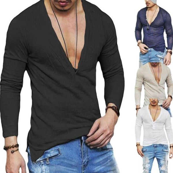 Мужской дышащий глубокий V Стильная футболка сплошной цвет Slim Fit Skinny Tshirt для мужчин Мода Летний Хипстерская уличная одежда Tee Tee Tee