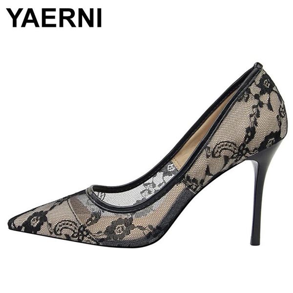 

dress shoes yaerni women high heels thin stiletto ladies pumps delicate mesh hollow wedding for female, Black