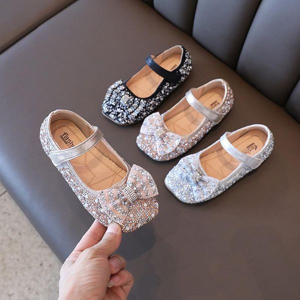 

athletic & outdoor girls princess shoes leather 2021 autumn pearl single soft sole children crystal bow-knot sequined flats, Black