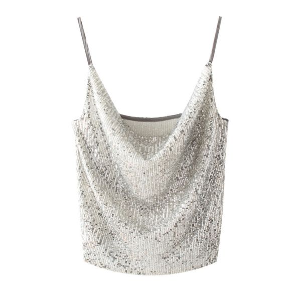 

puwd woman silver sequined v neck camisole spring summer fashion ladies shiny club tank female elegant blingbling vest 210522, White