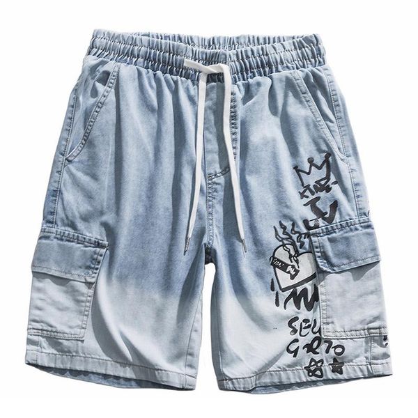 

men hip hop denim cargo pants streetwear letter heart print gradient track short harajuku cotton jogger shorts sweatpants men's jeans, Blue