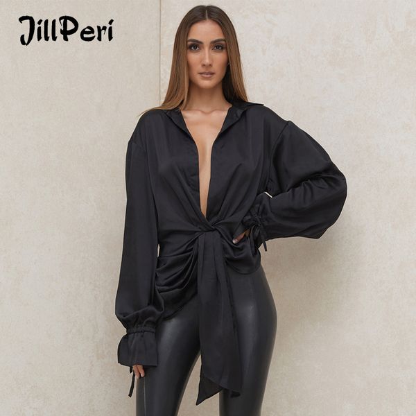 

jillperi bla satin long sleeve strap draped shirt women irregular outfits women blouses, Black;white