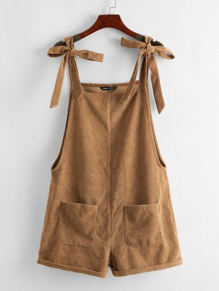 

knot shoulder patch pocket cord overall shorts f8xa#, White