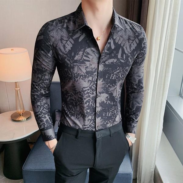 

men's casual shirts autumn long sleeve floral men clothing simple slim fit social shirt dress business formal wear, White;black