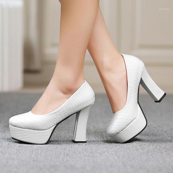 

dress shoes 2021 stone pattern pu leather women pumps platform square high heel shallow lazy white red1, Black