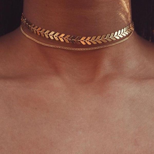 

chokers vintage multi arrow choker necklace women two layers necklaces fishbone airplane flat chain chocker on neck, Golden;silver