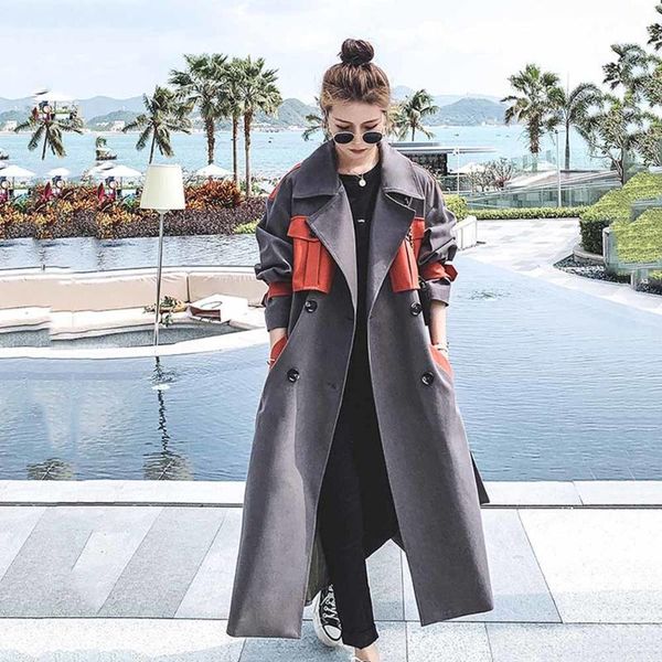 

women's trench coats brand oversize loose long coat women double-breasted patchwork duster for lady spring autumn female outerwear, Tan;black