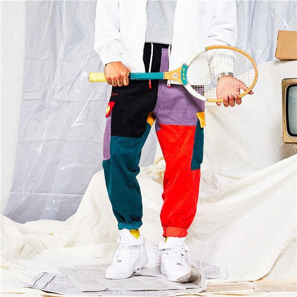Модные брюки в стиле пэчворк с цветными блоками, вельветовые шаровары, уличная одежда, хлопковые брюки, спортивные штаны в стиле Харадзюку для бега, X0723