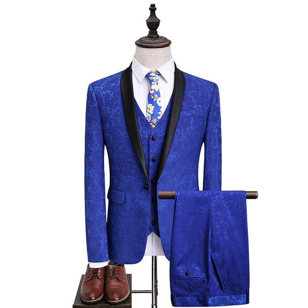 

men's suits & blazers tuxedo luxury wedding groom vest male suit jacquard 3pieces banquet party men costume slim fit royalblue dress en, White;black