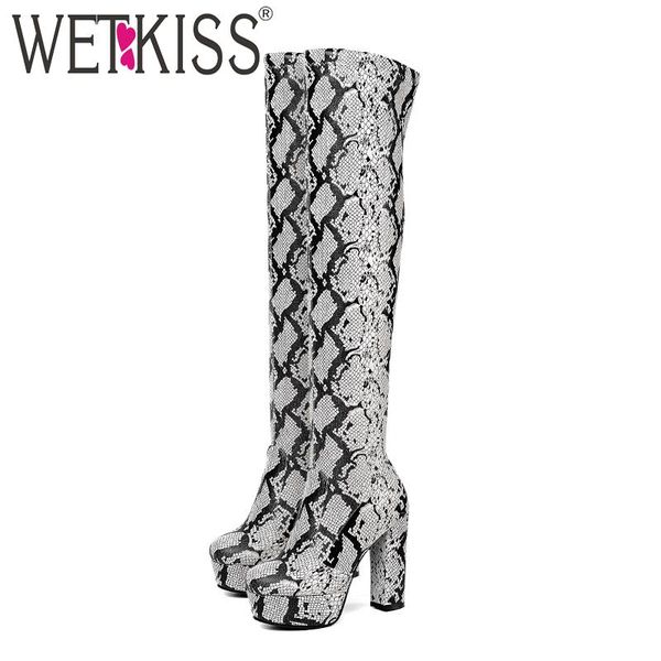 

boots wetkiss snake skin pu women stretch platform boot female round toe over the knee shoes ladies high heels winter, Black