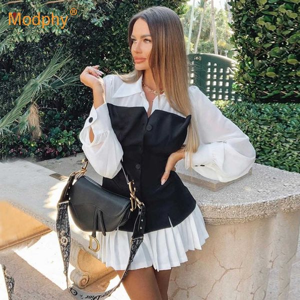 Abito vintage casual da donna con maniche a lanterna in pizzo a vita alta trasparente attraverso eleganti mini abiti a pieghe femminile autunno 210527