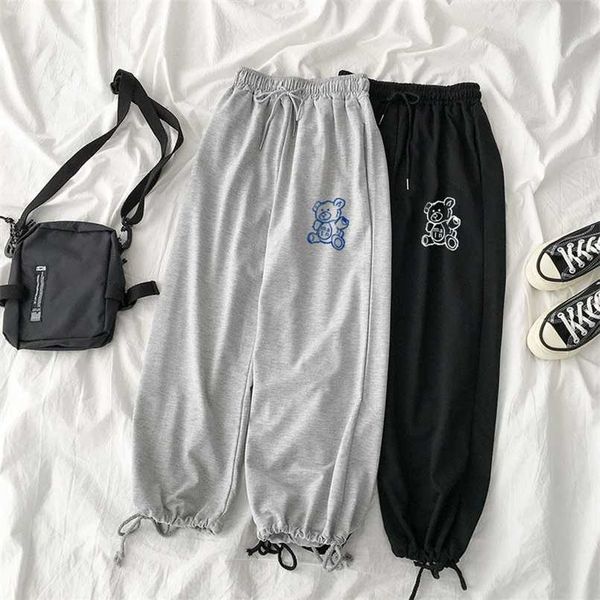 

qweek harajuku oversize women sweatpants jogging sports pants baggy korea fashion cute bear print sweat pants casual trousers 211008, Black;white