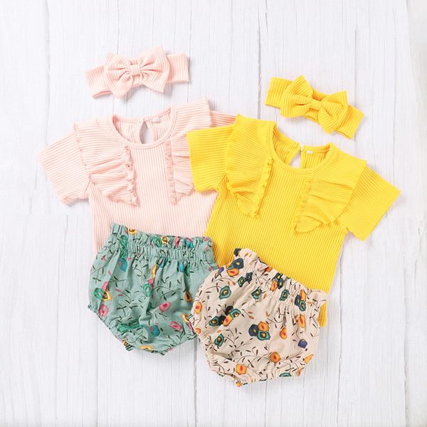 

0-24m newborn girls 3 piece set baby ribbed lace neck shirt floral printed shorts bow hair band for infants girls clothing set, White