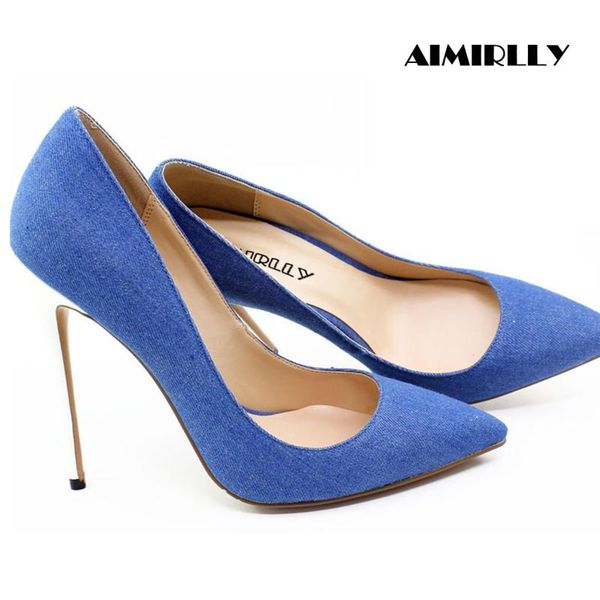 

women's shoes pointed toe high heels denim pumps stilettos spring summer party clubwear thin blue slip-on aimirlly dress, Black