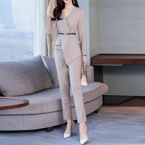 

women's two piece pants elegant women blazer suit spring autumn office ladies pant s v-neck belted & work wear female sets mccb, White