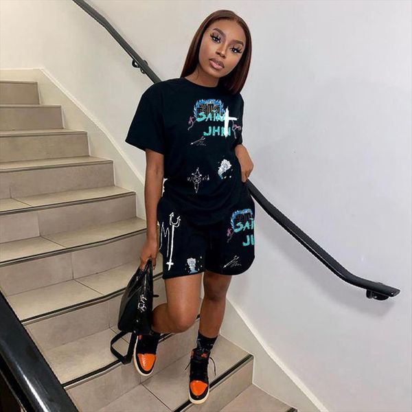 

streetwear sport suit summer black women tracksuits letter print short sleeve t shirt biker shorts hip hop workout running 2, Gray