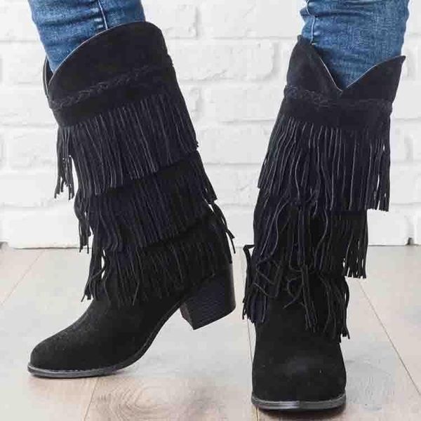 

boots european and american style ladies fringed thick heel cross-border women's knight long barrel, Black