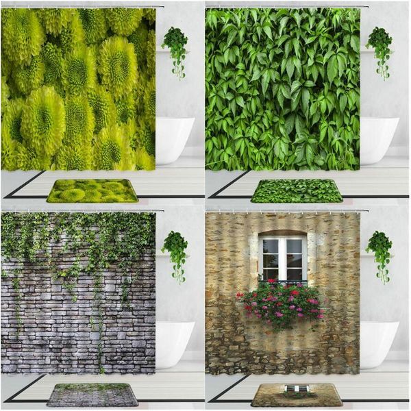 

shower curtains green dahlia curtain retro stone wall leaf plants flower bathroom waterproof bath set non-slip carpet mat