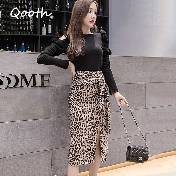 Qooth Herbst Frauen Midi Leopard Bleistift Rock Schnürung Taille Polyster Plissee S Split Büro Dot Gedruckt QT105 210609