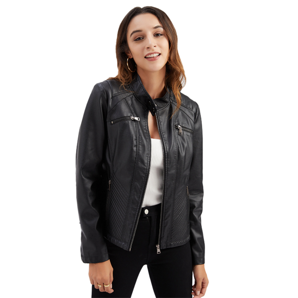 

women's leather & faux 2021 ladies casual jacket slim female spring and autumn pure color pu, Black