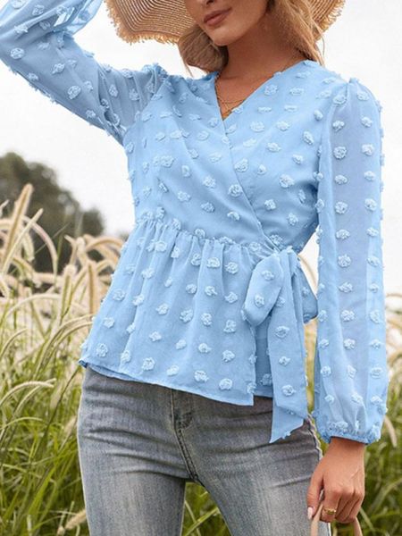 

women's blouses & shirts autumn style ladies v-neck elegant loose belt blouse, swiss polka dot long puff sleeve solid color office blou, White