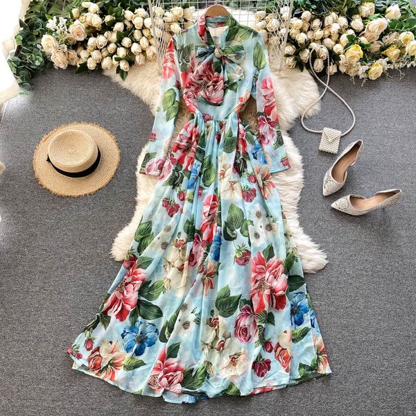 

casual dresses elegant vintage flowers printed long sleeved a-line chiffon with neck bow hrpd, Black;gray