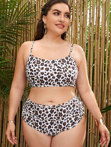 

plus leopard ruched high waisted bikini swimsuit h7bu#, Black