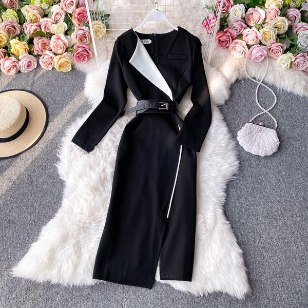 

casual dresses suit collar graceful and fashionable slim-fit dress 2021 autumn split slimming long small black for women, Black;gray