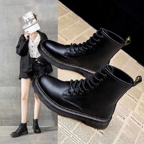 

british style martin women's 2021 autumn and winter six eight hole pure black leather boots wenzhou