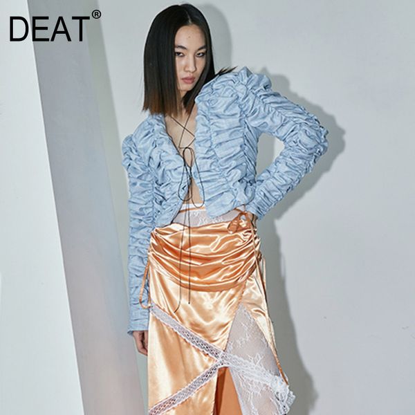 [Дикс] Сплошной цвет трехмерных плиссированных повязки плед глубокий V с длинным рукавом Mall Goth Y2K летняя одежда для женщин GX605 210428